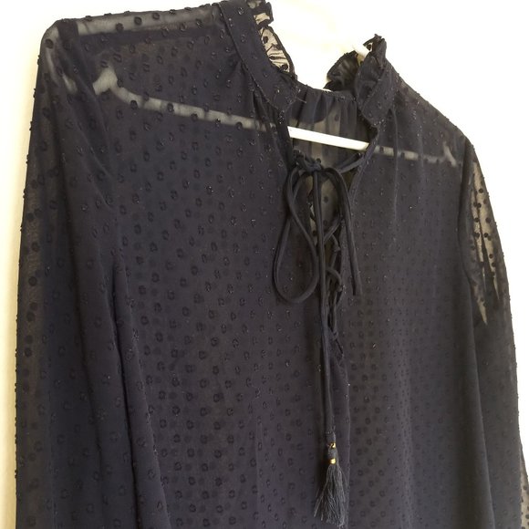 Mango Sheer Swiss Dot Ruffle Tie Blouse, Navy Blue , Size US6 - Picture 3 of 6